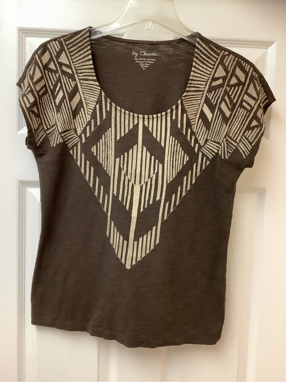 Chico's Brown Embroidered Geometric Scoop Neck Top